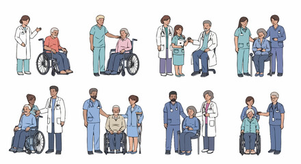 Diverse Medical Staff Assisting Patients in Various Scenarios, Ideal for Illustrating Healthcare Services, Medical Care, and Patient Assistance in Hospitals or Clinics
