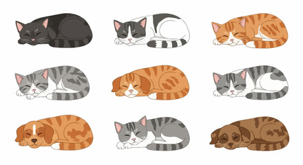 Diverse Cartoon Cats and Dogs Sleeping Together: Ideal for Children's Books, Pet-Related Content, and Educational Materials
