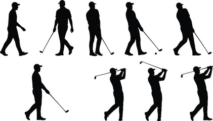 Golf Player Silhouette Set Showing Walking, Swinging, and Posing with Golf Club in Vector Illustration for Sports Concept Design