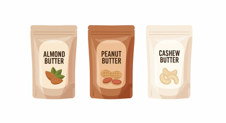 Assorted Nut Butter Pouches Illustration for Product Packaging and Healthy Food Promotion, ideal for showcasing healthy snacks, food packaging design, or dietary products