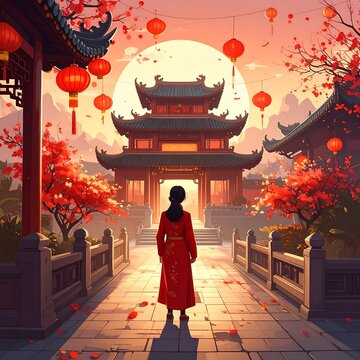 Asian woman in red robe facing a traditional temple at sunrise