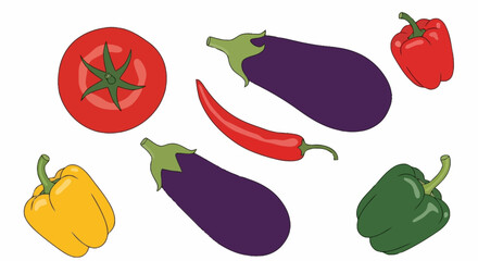 Vibrant Vector Illustration of Fresh Vegetables: Tomato, Eggplant, Chili, and Bell Peppers for Cooking Education and Nutritional Awareness