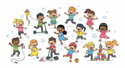 Diverse group of cheerful children playing together in a colorful illustration for educational materials, children's books, or website design for kids activities.