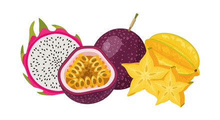 Vibrant Tropical Fruit Medley Featuring Dragon Fruit, Passion Fruit, and Star Fruit for Healthy Eating and Culinary Design
