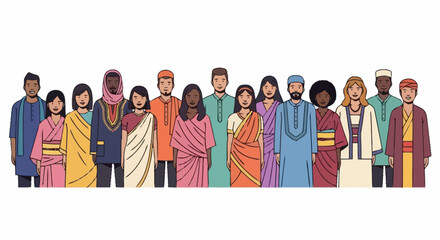 Diverse Group of People in Traditional Clothing Representing Global Cultures and Unity for Promoting Cultural Awareness and Inclusivity in Educational and Social Projects.