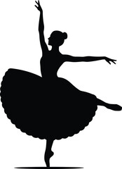 Graceful ballerina silhouette performing elegant ballet pose on pointe, tutu skirt, classical dance art, black and white vector illustration.