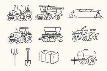 Comprehensive farm equipment and agricultural machinery icon collection featuring tractors harvesters and farming tools in clean line art style