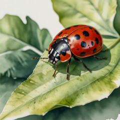 Fototapeta premium Watercolor close-up of a ladybug crawling on a leaf, red shell with black spots.