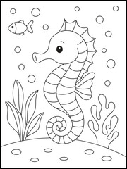 Cute Seahorse Swimming in the Ocean Coloring Book Page with Coral and Bubbles. Underwater Scene Coloring Illustration for Kids © laky