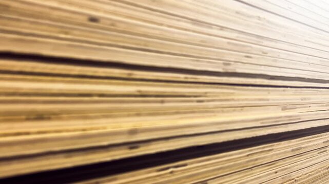 Plywood Sheets Stack Side View | Construction Material Warehouse Storage | Layered Wood Panels for Building Projects | Natural Timber Grain Pattern Detail