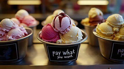 An enticing array of colorful ice cream scoops in metal cups, each adorned with a handwritten sign inviting customers to pay what they want