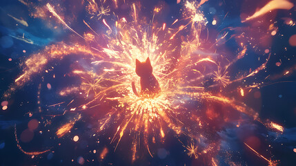 Illustration of colorful cat-shaped fireworks