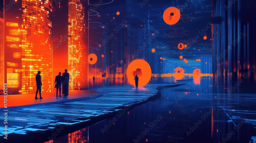 Poster digital city scene with glowing structures and figures.