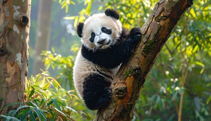 Fototapeta premium A cute baby panda clings to a tree trunk, showcasing its playful nature in a lush forest setting.