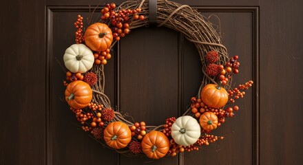 Autumnal Pumpkin and Berry Wreath on Dark Door.