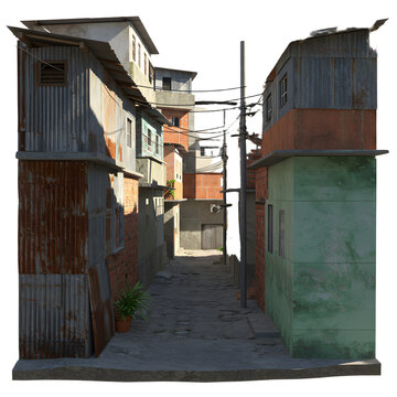 Narrow Alleyway Between Dilapidated Buildings with Corrugated Metal and Brick Facades.