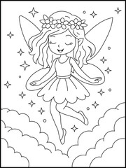 Fototapeta premium Enchanting Fairy Princess with Wings Surrounded by Stars. Kids Coloring Page. Fairy tale coloring book page for girls.