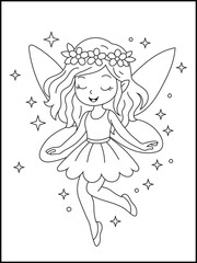 Whimsical Black and White Line Art for Kids Coloring Pages, Fantasy-Themed Activities, and Magical Character Illustrations. Dancing Fairy with Flower Crown and Wings Surrounded by Stars 