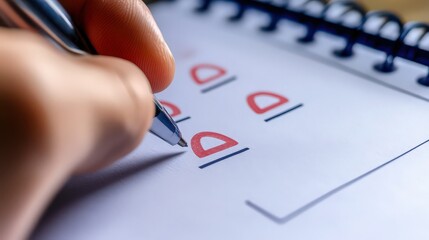 Closeup of a hand using a pen to mark checkmarks on a checklist on a notepad, indicating task completion and progress