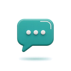 Fototapeta premium Teal 3D chat message bubble icon with three dots isolated on white background, modern communication symbol representing texting, online messaging, conversation, and social media