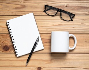 Overhead View of Blank Spiral Notebook Pen White Mug and Glasses on Wooden Desk