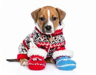 Adorable Puppy Wearing Colorful Winter Sweater and Booties on White Background