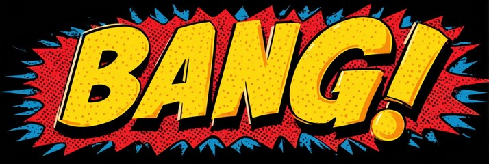 Comic Book Style Bang Expression Explodes With Yellow Letters and Red Dotted Background, Showing Impact and Action