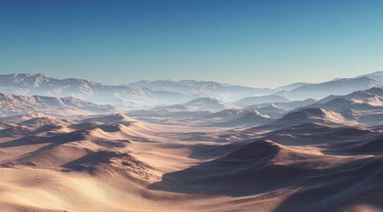 Naklejka premium Vast desert landscape stretches beneath a clear blue sky, with distant hazy mountains
