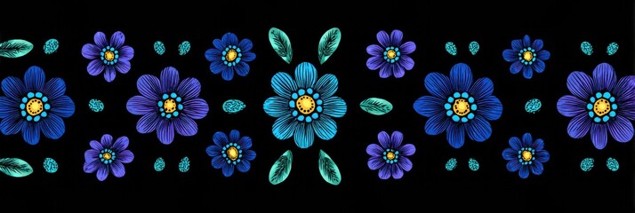 Colorful Floral Pattern Featuring Blue and Purple Flowers Against a Black Background, Showcasing Vibrant Designs and Details