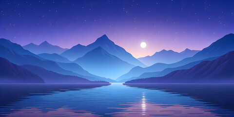 Mountainous Landscape Tranquil Lake Full Moon Dramatic Lighting Serene Nature Digital Art 2025 2026