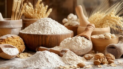 Rustic still life with flour, wheat and grain in wooden bowls on a wooden table for healthy baking