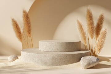 Beige podium with pampas grass, stones, and sand