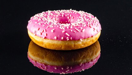 A delectable pink donut, iced with pink icing and sprinkles, is perfectly displayed against a dark backdrop.