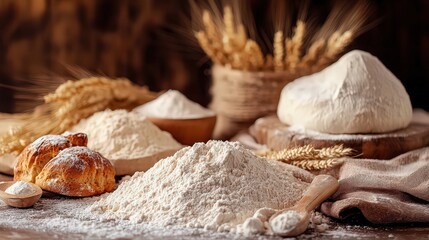 Rustic baking background with flour, dough, wheat ears, and bread on a wooden table, a delicious and healthy homemade baking concept