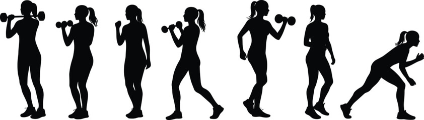 Silhouettes of a woman performing various fitness exercises including dumbbell lifting, walking, and sprinting in multiple active workout poses vector.Silhouettes of a woman performing various  