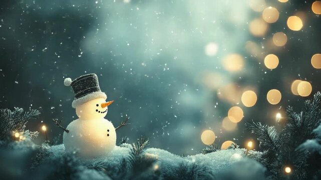Festive snowman winter scene with glowing lights and snow falling