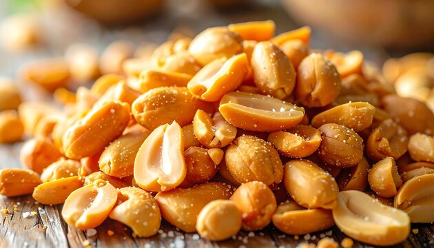 Close-up view of a pile of salted roasted peanuts, showcasing their golden-brown color and glistening salt.