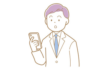 スマートフォンを見る紫髪で白衣の男性のイラスト
