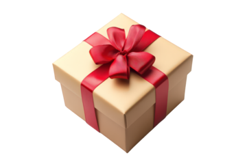 Brown box with a red ribbon tied around it