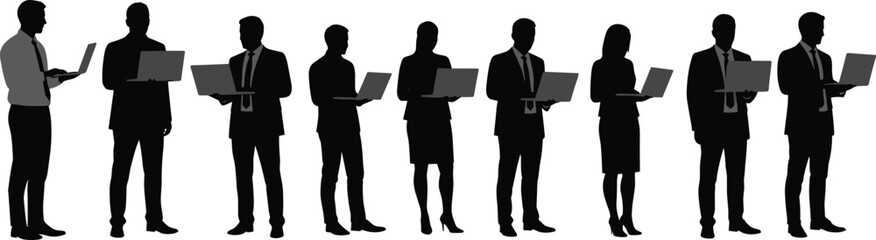 Silhouettes of Business Professionals Using Laptops – Corporate Team Working Online, Office Collaboration, Digital Communication, and Technology Concept Illustration