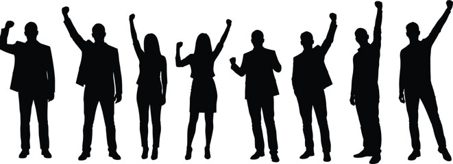 Silhouettes of confident business men and women raising fists in celebration, symbolizing success, motivation, teamwork, empowerment, and achievement in corporate environment
