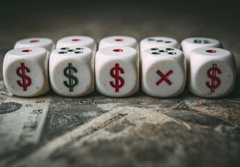 Fototapeta na wymiar Close-up of white dice with dollar signs and a cross symbol, resting on dollar bills