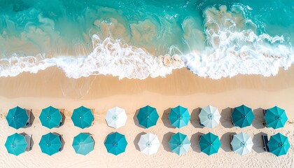 Obraz premium A high-angle view of a beautiful beach, showcasing rows of teal and white beach umbrellas, gently lapping waves, and soft, golden sand.