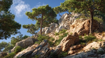 Sunny rocky hillside with pine trees