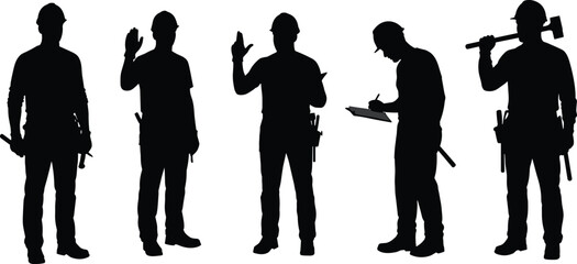 Silhouettes of Construction Workers in Hard Hats with Tools and Equipment – Teamwork Concept for Engineering, Industry, and Manual Labor