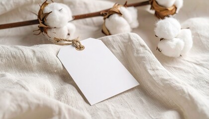 Blank White Tag on Beige Linen Fabric with Cotton Blooms