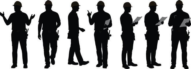Silhouettes of Construction Workers with Hard Hats Inspecting Plans and Gesturing in Safety Gear on Worksite for Industrial Drawing Purposes