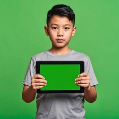 A young boy holds a tablet computer with a blank, green screen against a bright green background.
