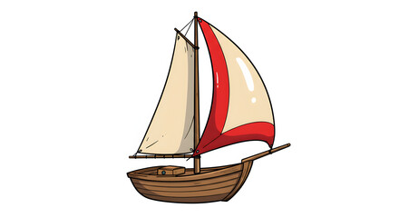Illustration of a wooden sailboat with tan and red sails, sailing on a white background.