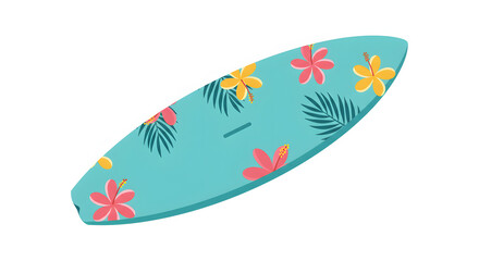 A turquoise surfboard decorated with pink and yellow hibiscus flowers and tropical palm fronds against a white background.